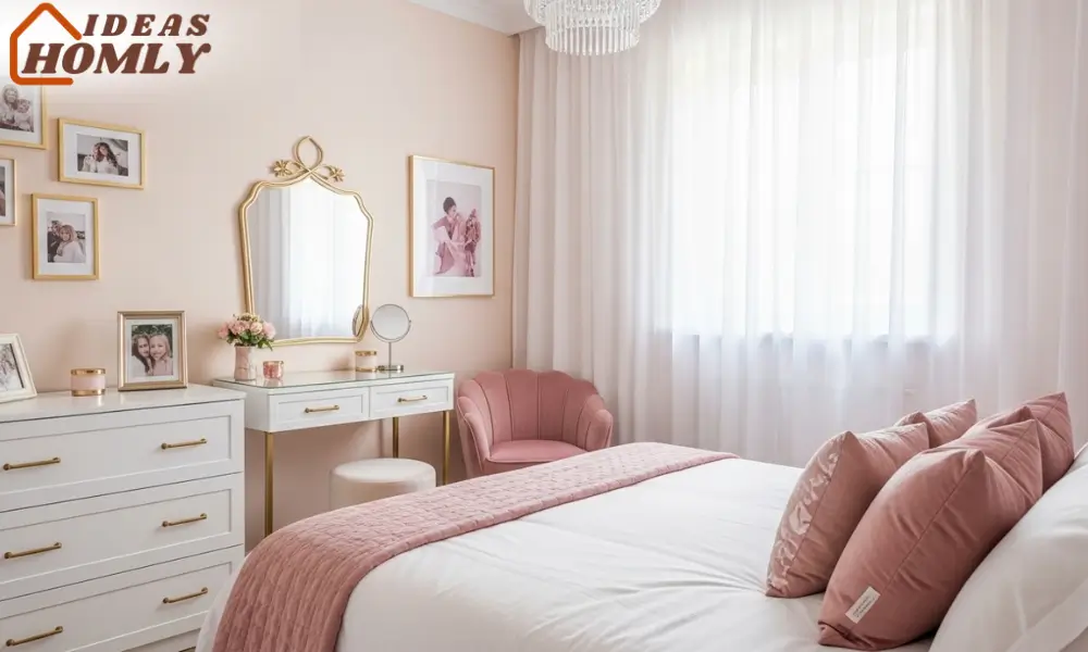 Chic Pastel Bedroom with Gold Decor, Soft Elegance in Style