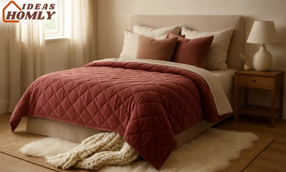 Cozy Romantic Bedroom with Velvet, Faux Fur, and Linen Layers