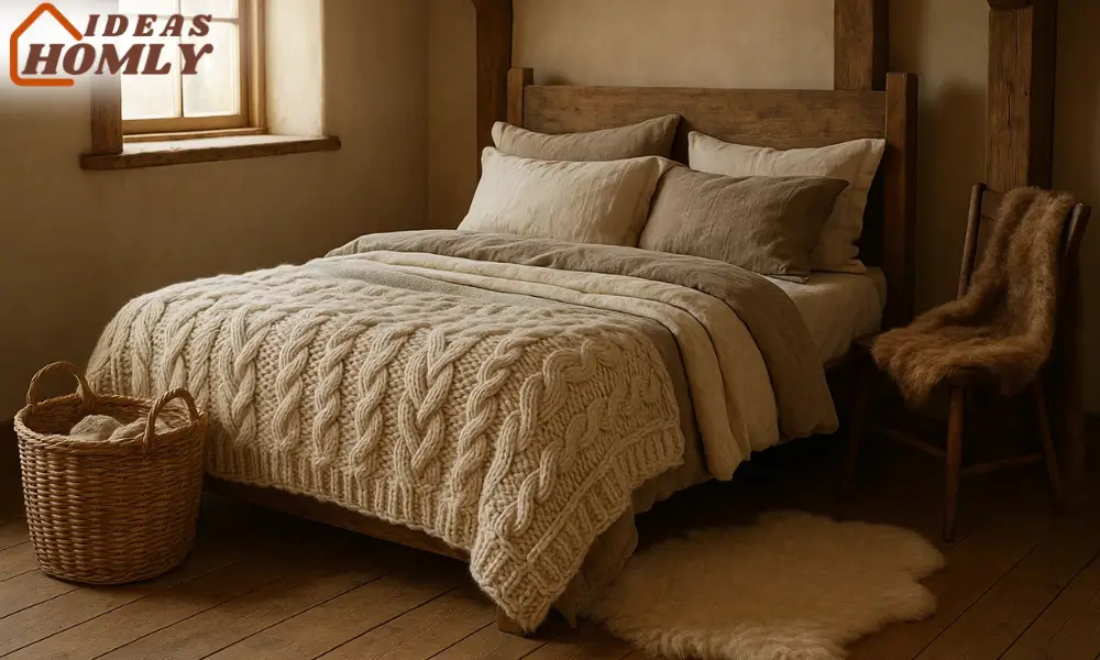 Cozy Rustic Bedroom With Chunky Wool Blankets and Sheepskin Accents