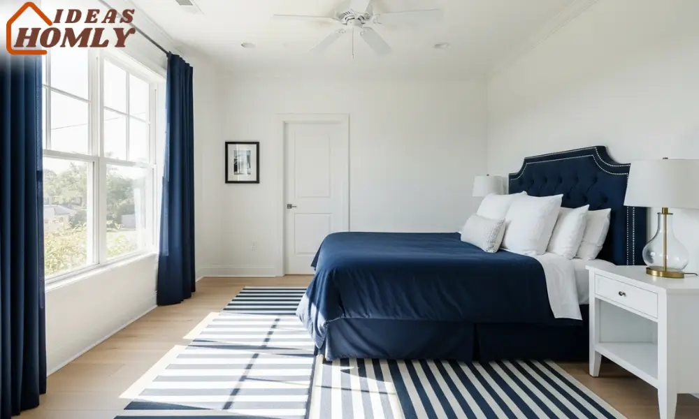Crisp White and Navy Blue Bedroom with Hotel-Inspired Elegance