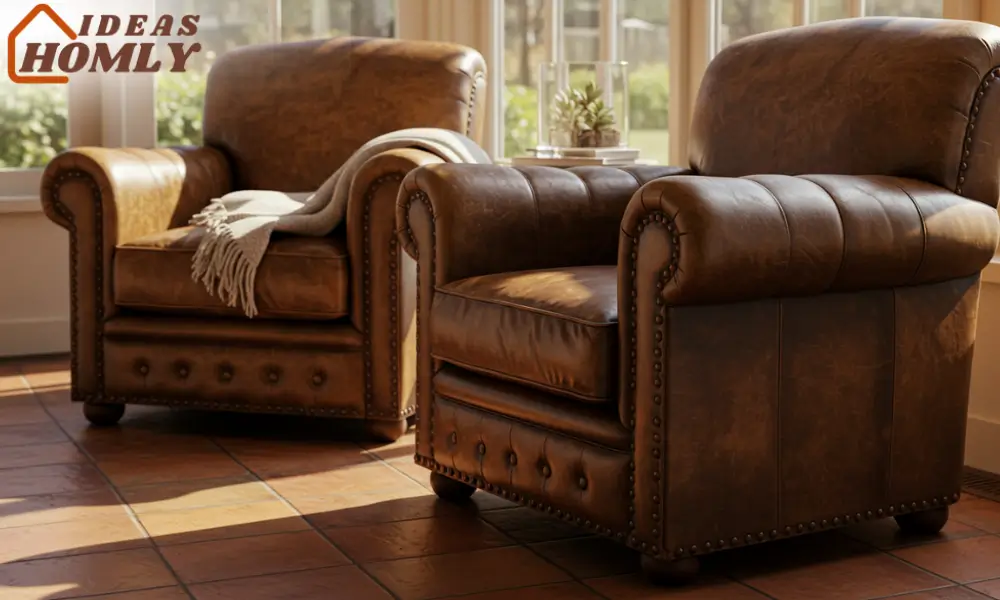 Distressed Leather Armchairs In Rustic Sunroom