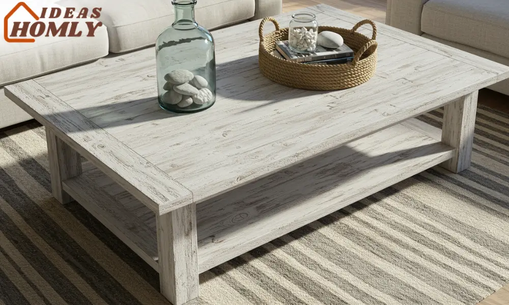 Distressed Wood Coffee Table In Coastal Sunroom