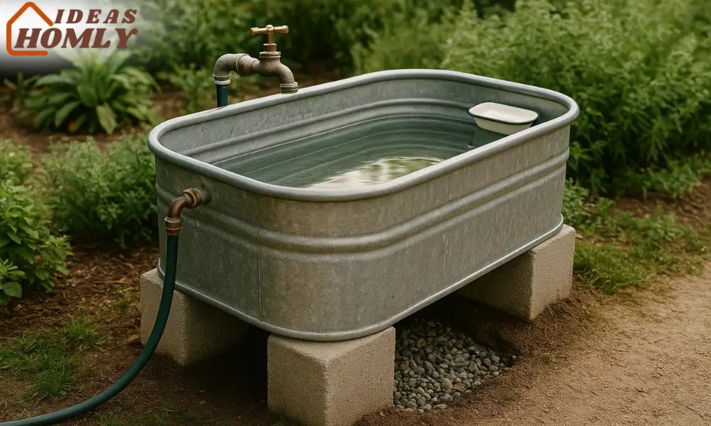 Farmhouse-Style Outdoor Sink with Galvanized Stock Tank Base