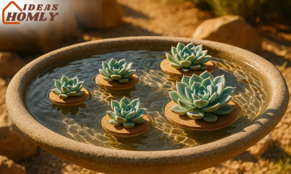Floating Succulent Rosettes on Cork In Bird Bath
