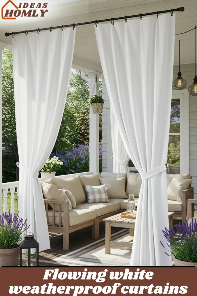 Flowing white weatherproof curtains for outdoor porch