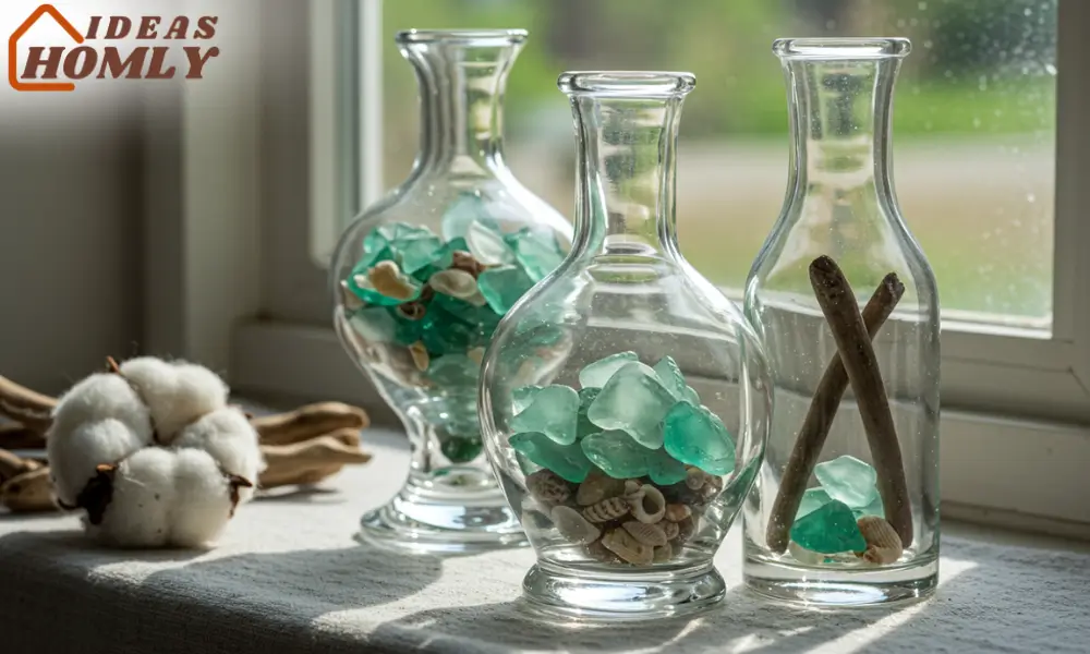 Glass Vases & Shell Decor For Coastal Sunroom