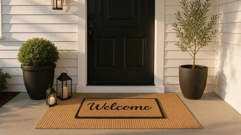 Layered Outdoor Rugs for modern Porch with Welcome