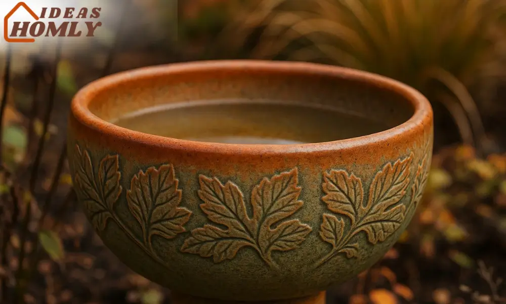Leaf-Print Stoneware Bowl For Bird Bath