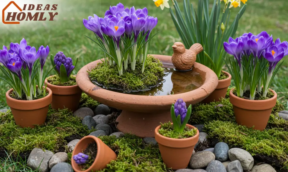 Mini-Bulb Pots Around Bird Bath Base