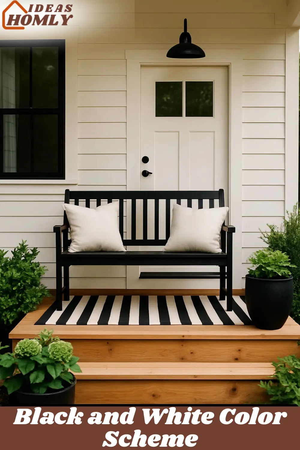 Modern farmhouse porch with Black and White Color Scheme