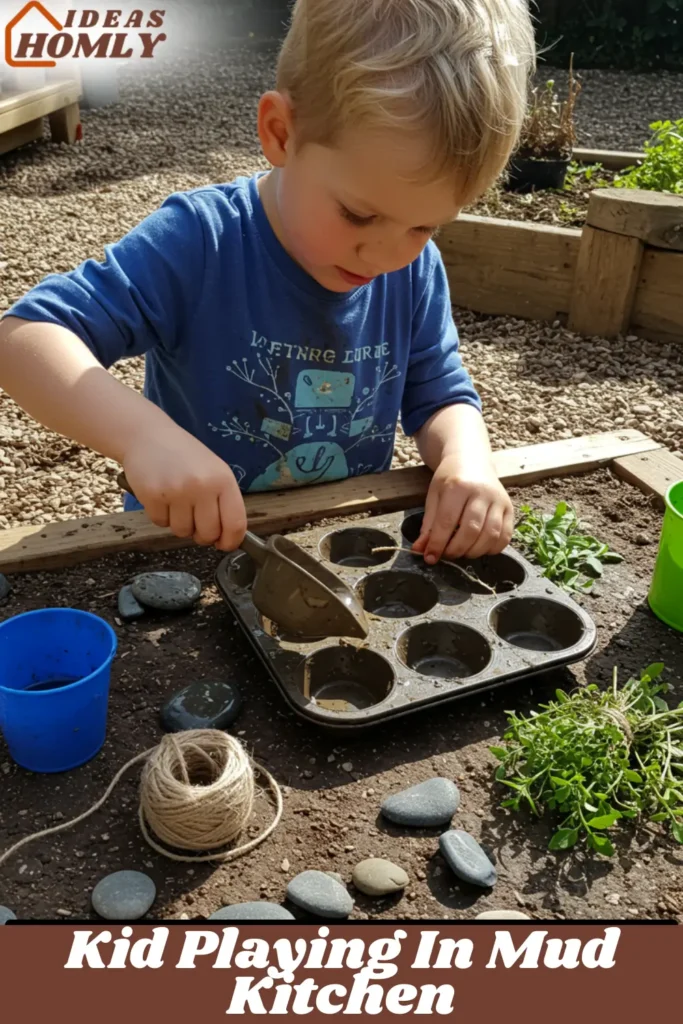 Motor Skills Of A Kid in Action In Mud Kitchen