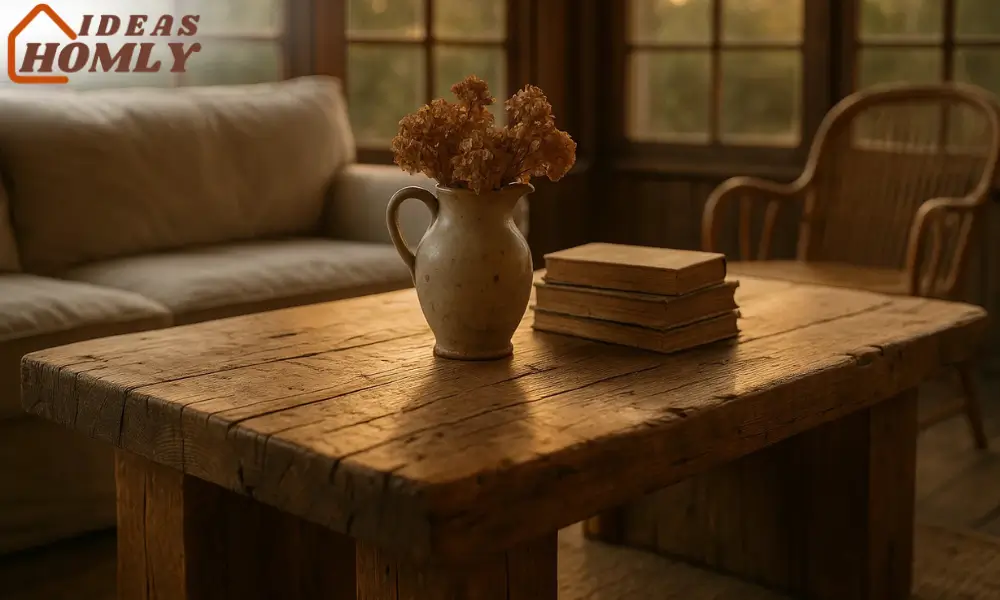 Reclaimed Wood Coffee Table In Rustic Sunroom