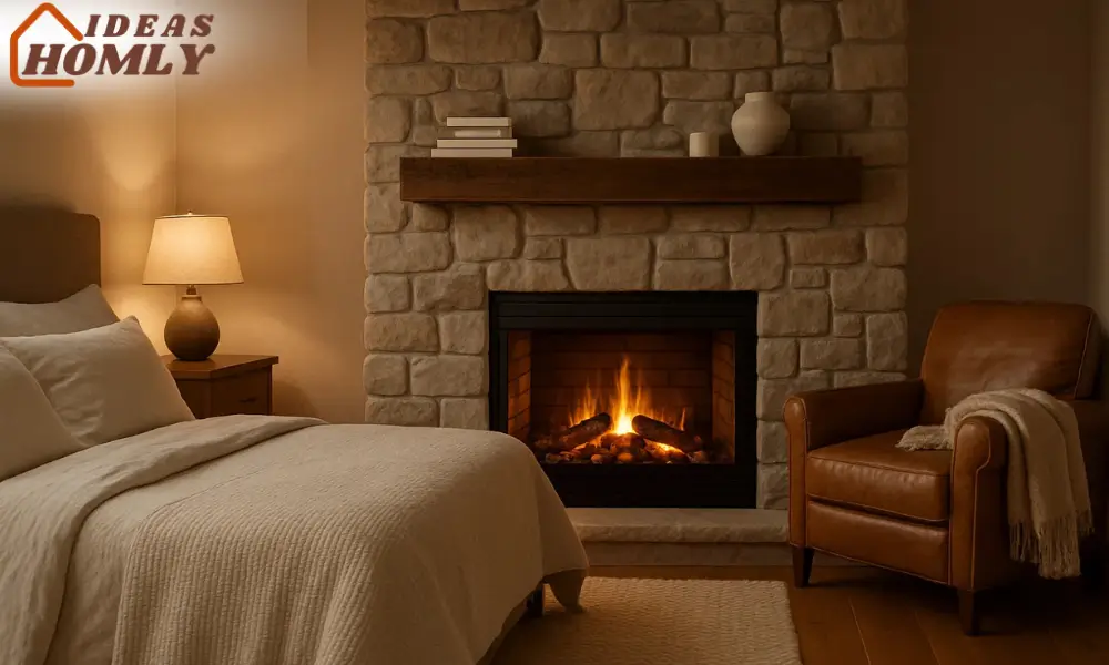 Rustic Bedroom With Faux Stone Fireplace and Soft Textures