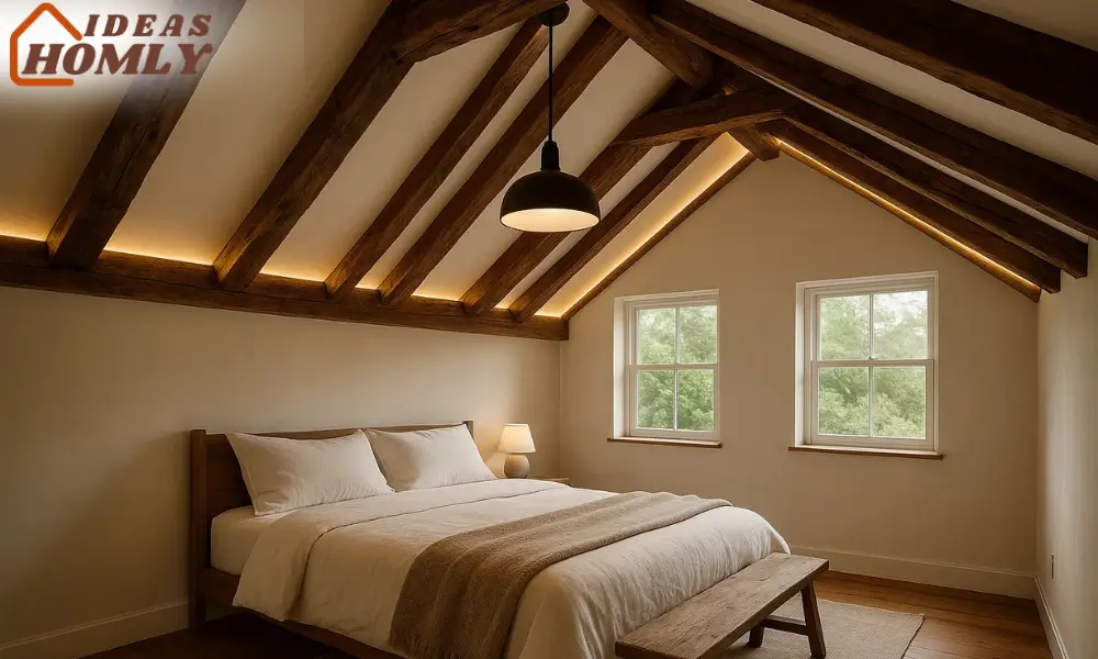 Rustic Bedroom With Faux Wood Ceiling Beams and Soft Lighting