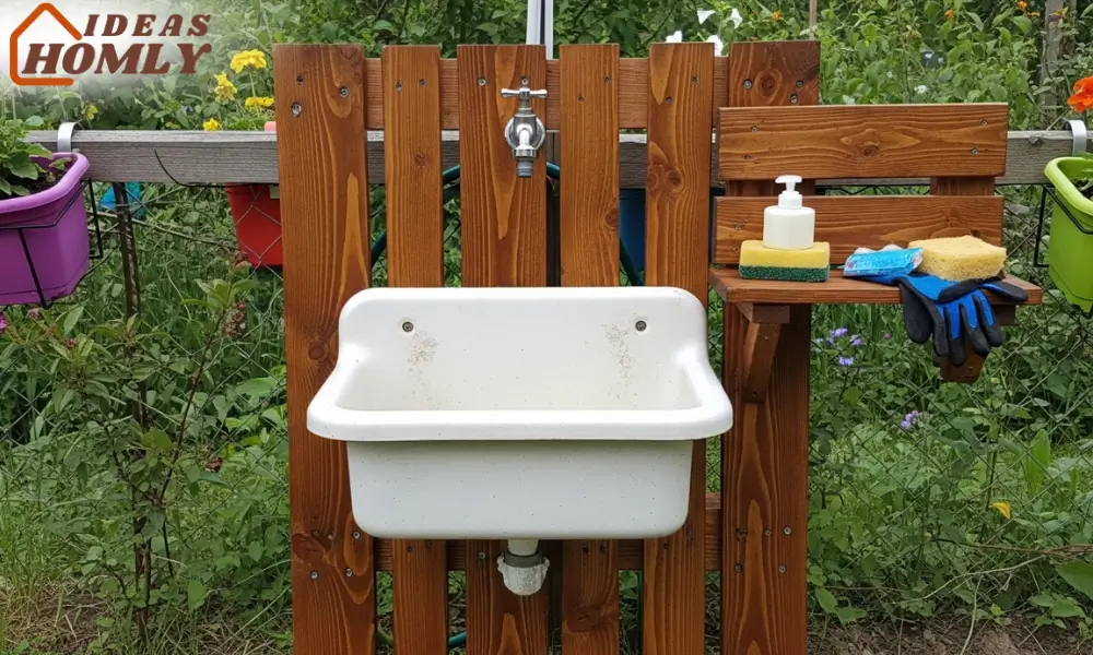 Rustic Outdoor Sink Made from Pallet and Upcycled Kitchen Basin