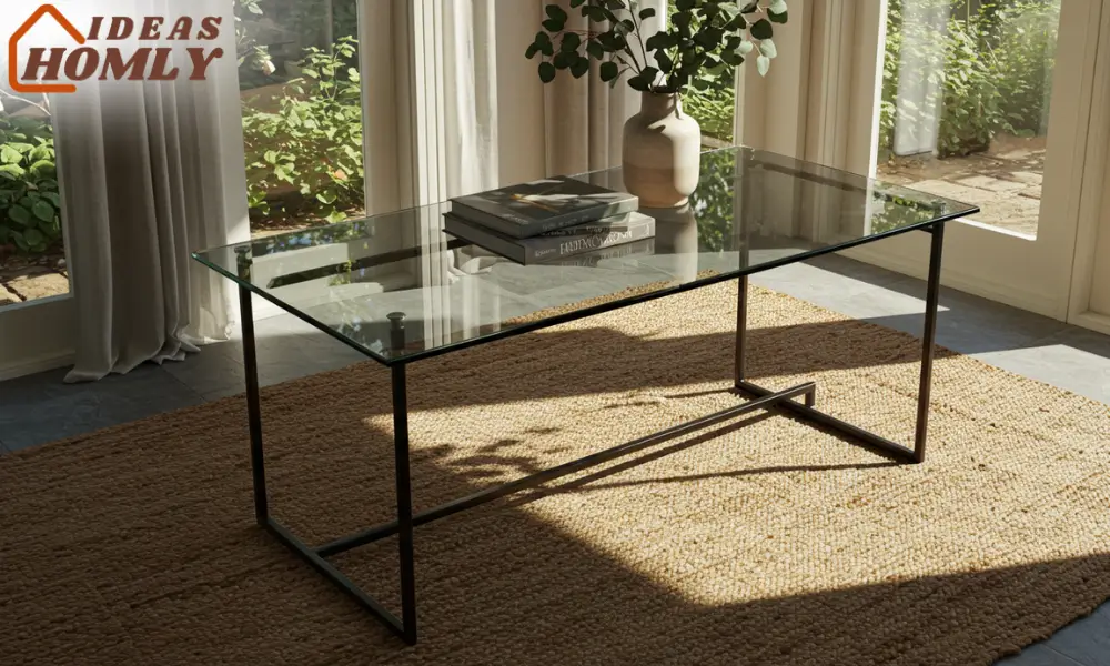 Sleek Metal & Glass Coffee Table In Sunroom