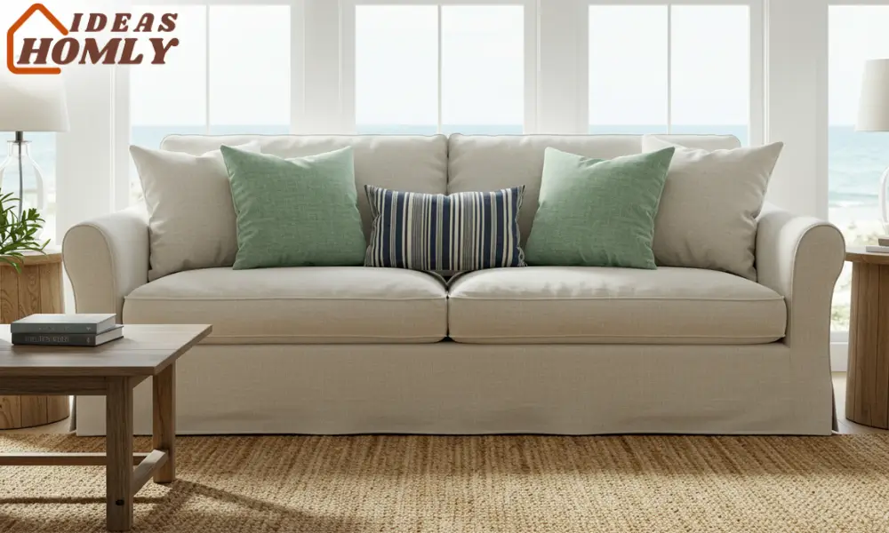 Slipcovered Linen Sofa In Coastal Sunroom