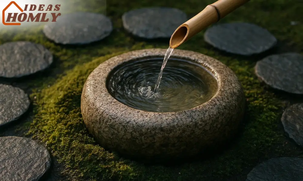Stone Tsukubai Basin with Bamboo Spout For Birds Bath