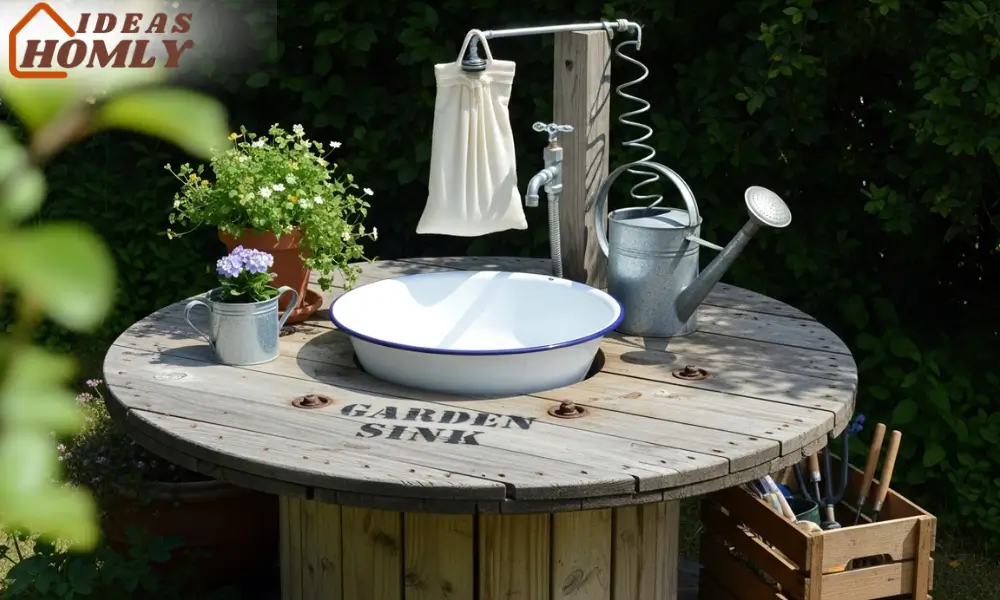 Vintage Garden Sink Using Wooden Cable Spool and Enamel Bowl