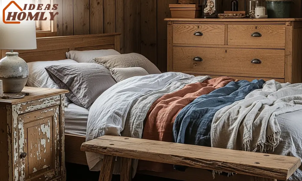 Vintage Rustic Bedroom With Distressed Wood Nightstands and Dresser