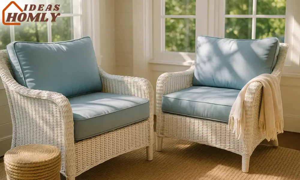 White Wicker Armchairs For Coastal Sunroom