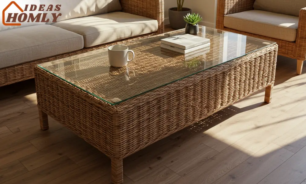 Wicker Coffee Table with Glass Top