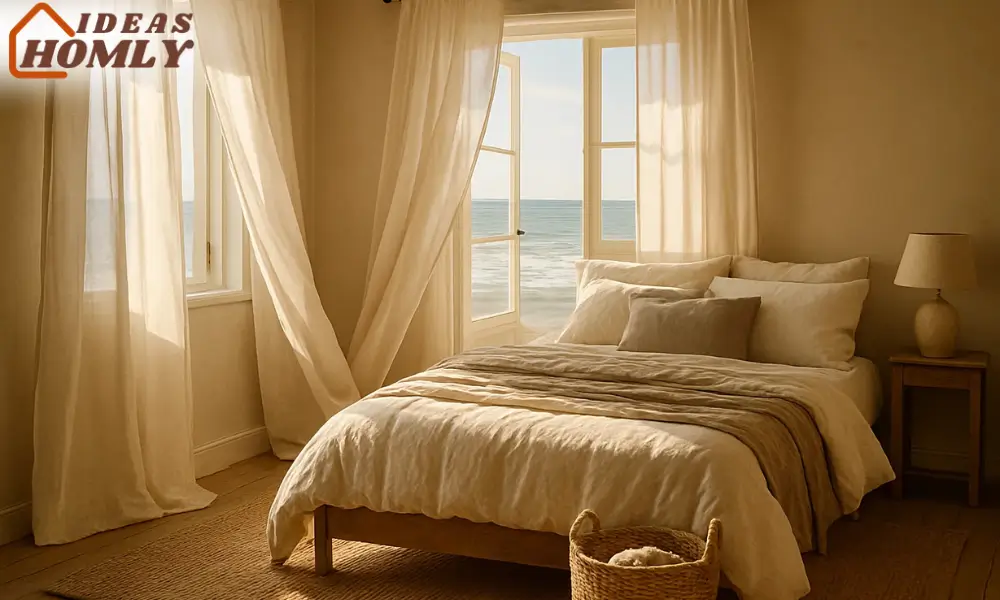 Airy Coastal Bedroom with Linen Curtains and Jute Rug
