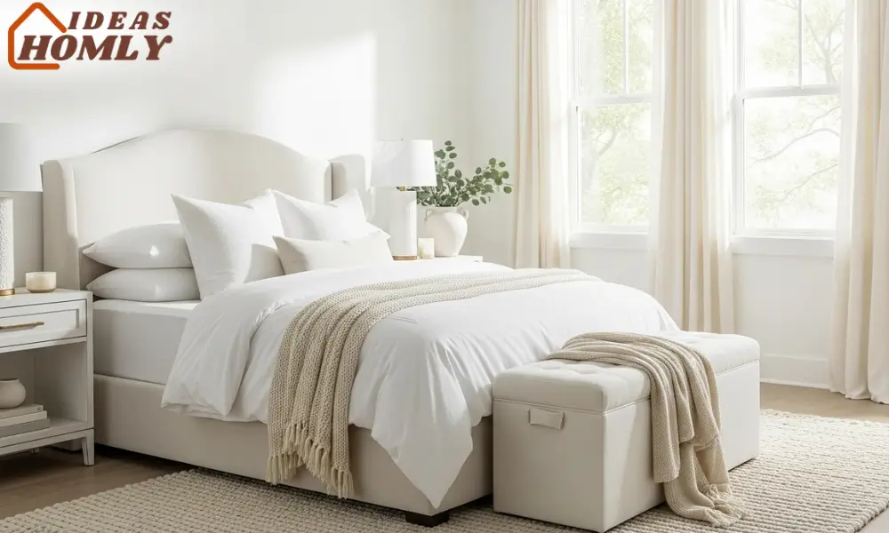 All-White Monochrome Bedroom with Layered Textures for a Spa-Like Feel