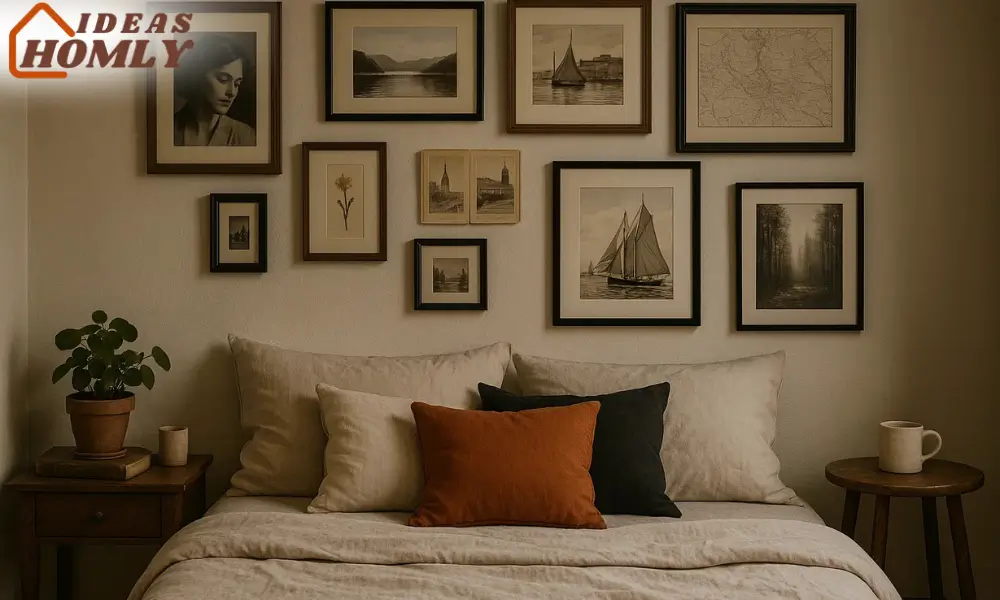 Bedroom Gallery Wall with Curated Eclectic Artwork and Vintage Finds