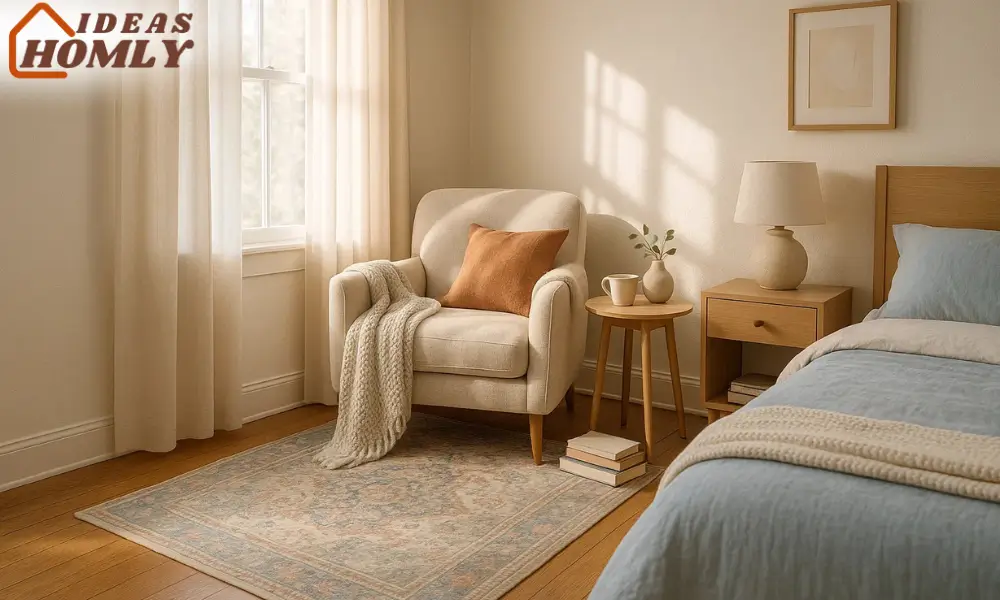 Bedroom Seating Nook with Rug to Define a Cozy Reading Corner