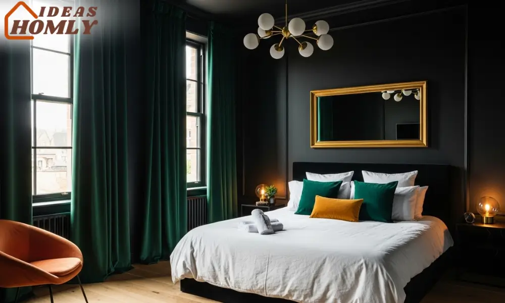 Black Bedroom with Emerald Green Velvet Curtains and Bold Accents