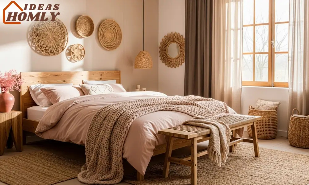 Blush Pink Bedroom with Rustic Wood and Woven Decor