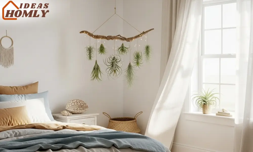 Boho Bedroom Accented with Hanging Air Plants and Driftwood Decor