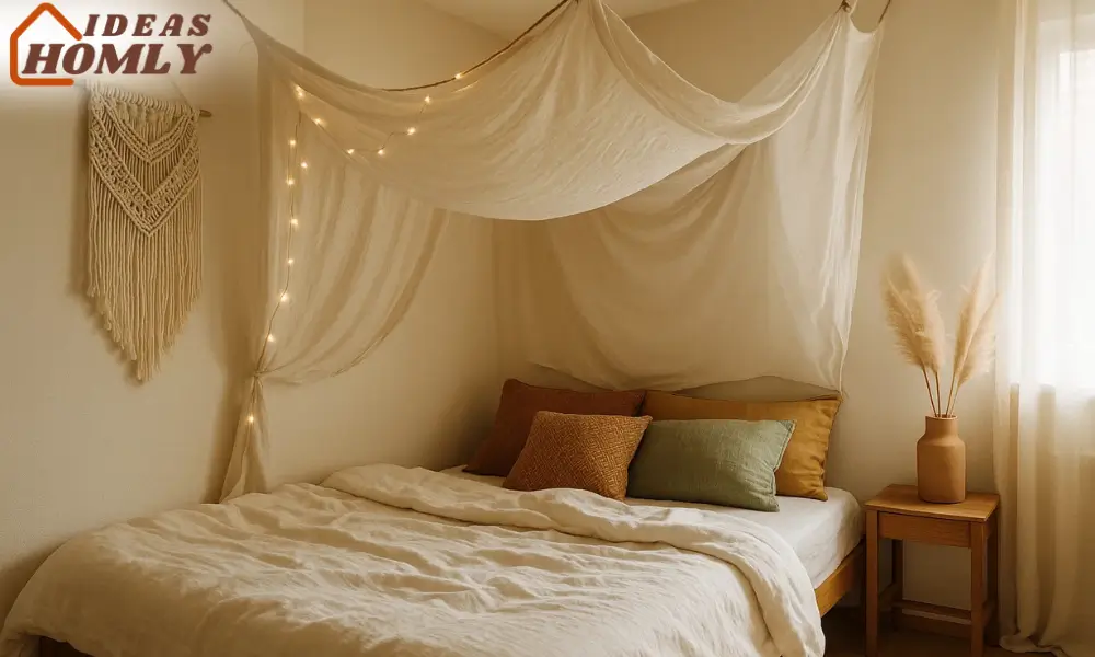 Boho Chic Bedroom with Ceiling-Mounted Canopy and Muslin Drapes