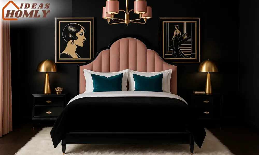 Bold Hollywood Regency Bedroom with Black and Pink Color Contrast