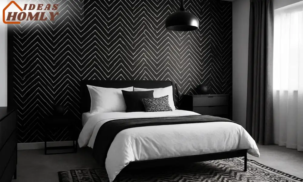 Bold Monochrome Bedroom with Black and White Geometric Wall