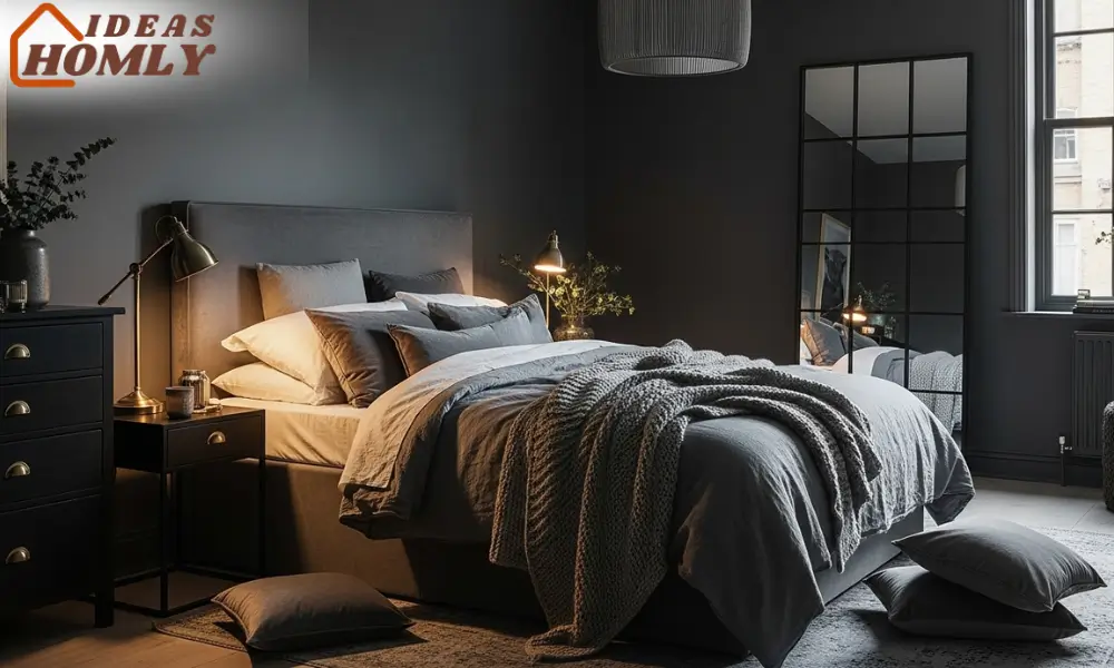 Charcoal Gray Bedroom with Brass and Black Metal Finishes for a Luxe Feel