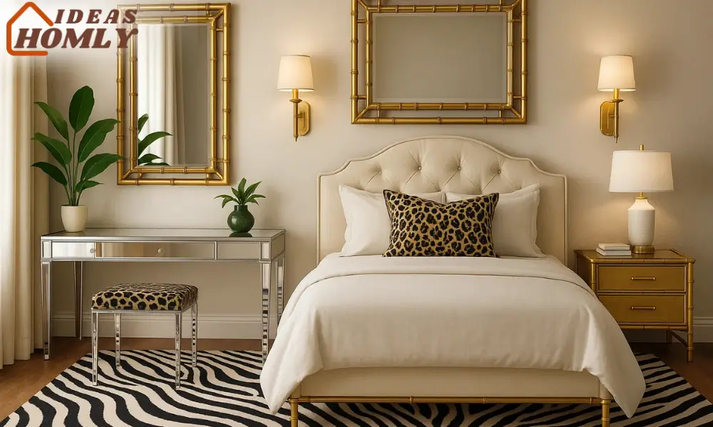 Chic Hollywood Regency Bedroom with Zebra Rug and Bamboo Accents