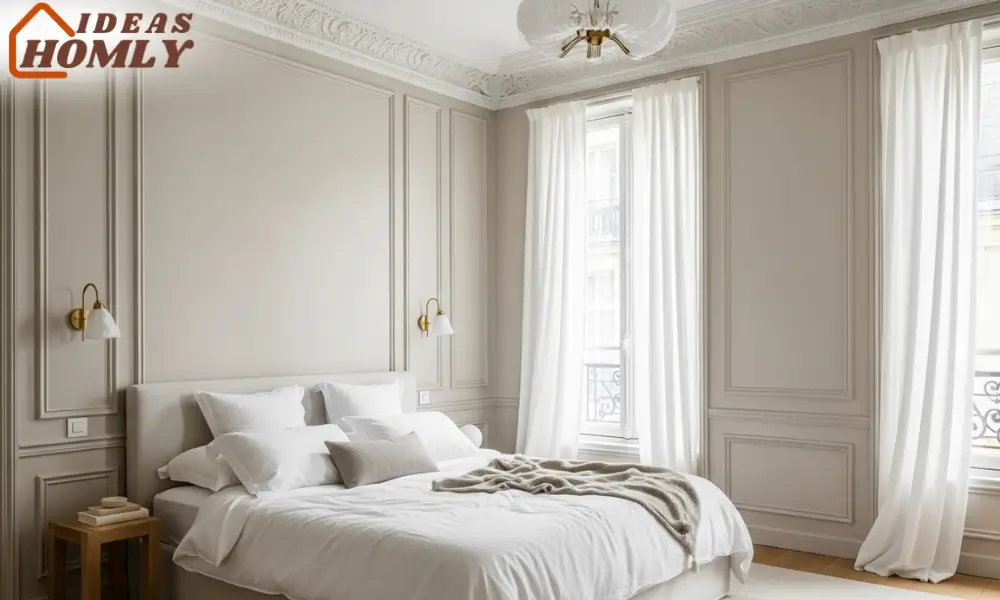 Classic Parisian Bedroom with Crown Molding and Soft Greige Walls