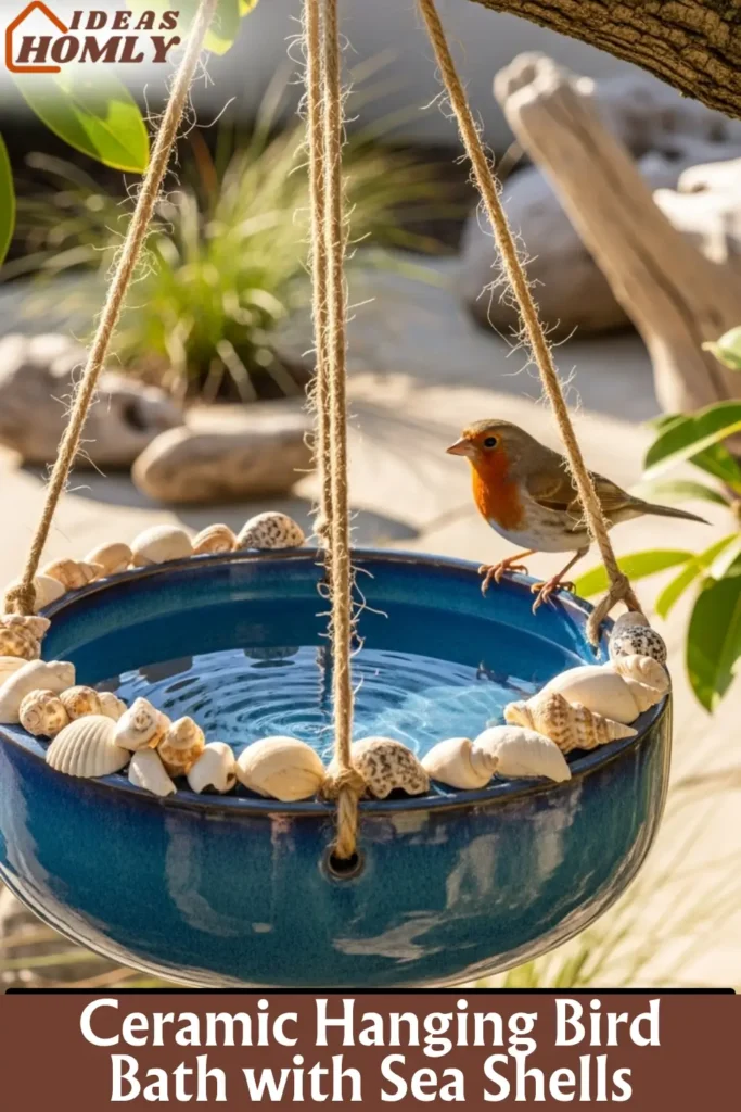 Coastal-Themed Ceramic Hanging Bird Bath with Shell Decor