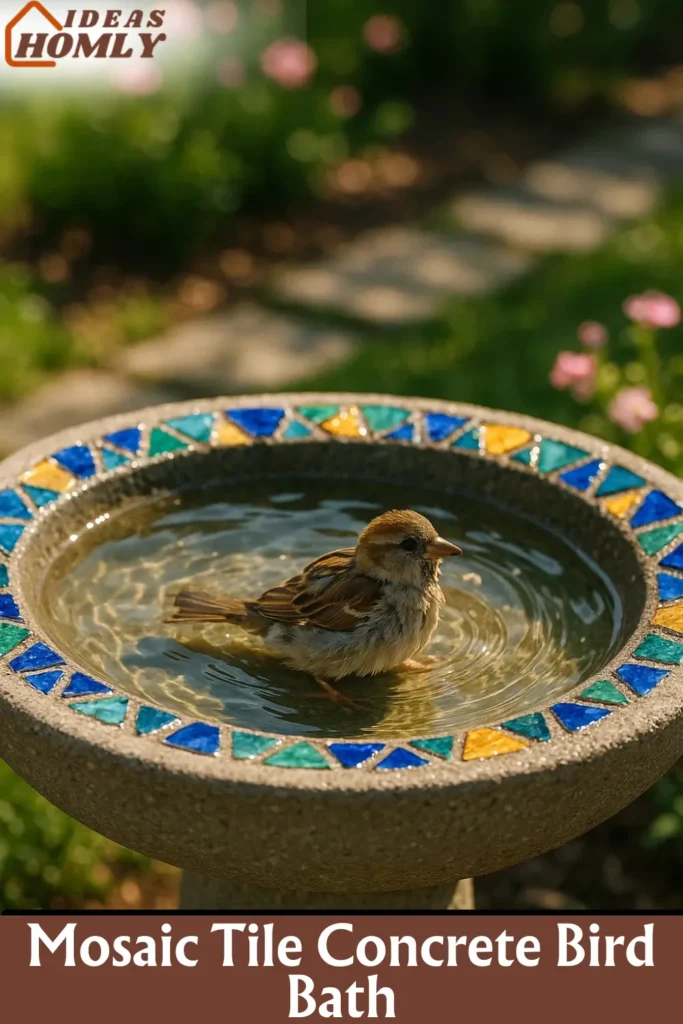 Colorful Mosaic Concrete Bird Bath with Sunlit Tile Reflections