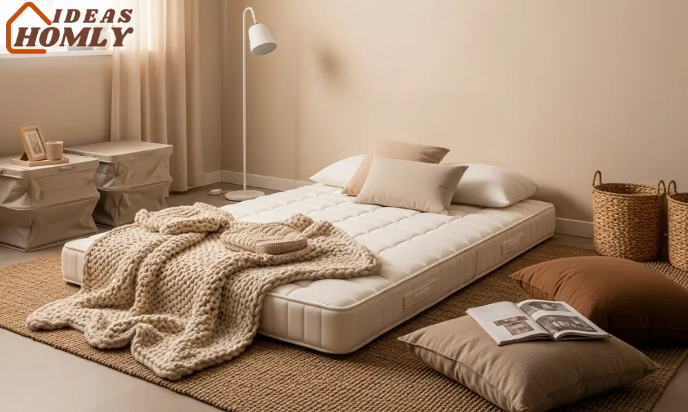 Cozy Floor Mattress Setup With Foldable Storage in Tiny Bedroom