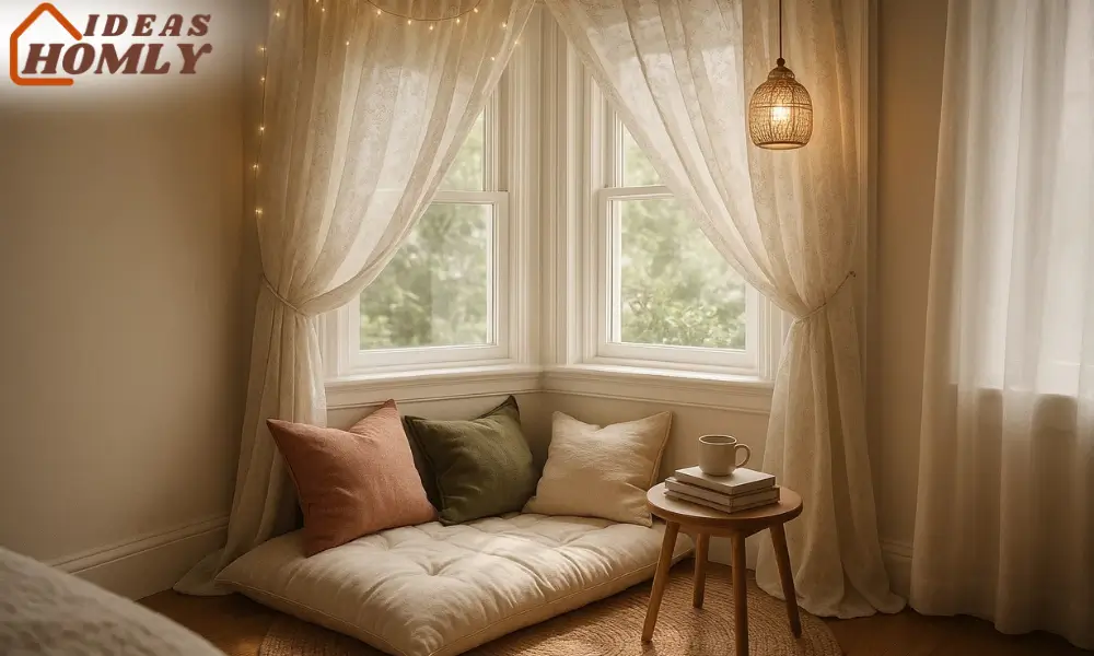 Cozy Reading Nook with Draped Canopy Curtains and Floor Cushions
