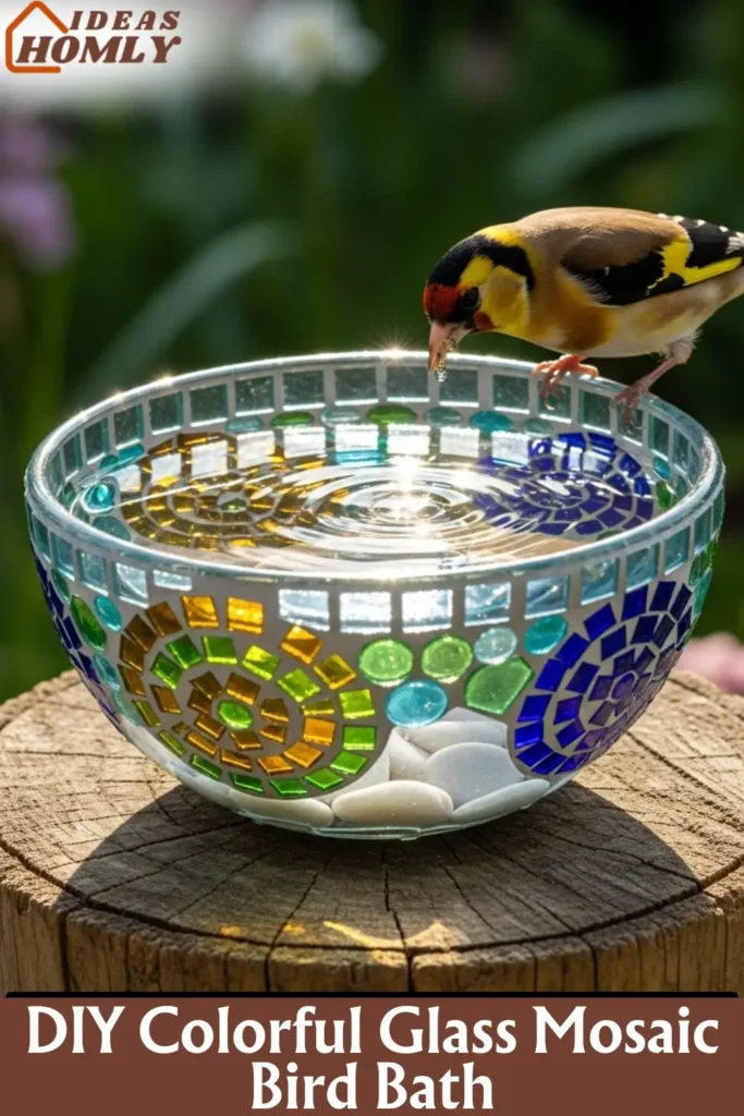 DIY Colorful Glass Mosaic Bird Bath That Sparkles