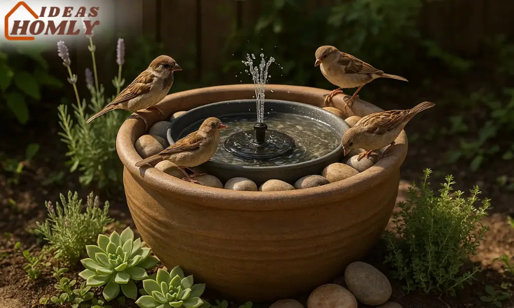 DIY Planter Bird Bath Fountain with Solar Pump and Pebbles