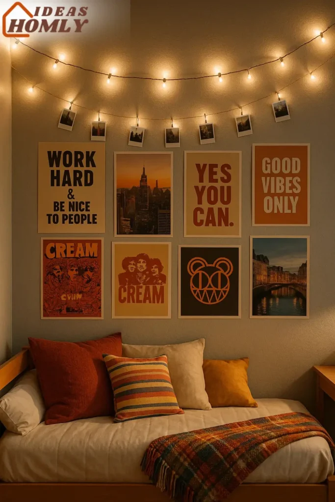 Dorm Room Wall Decor with String Lights and Posters