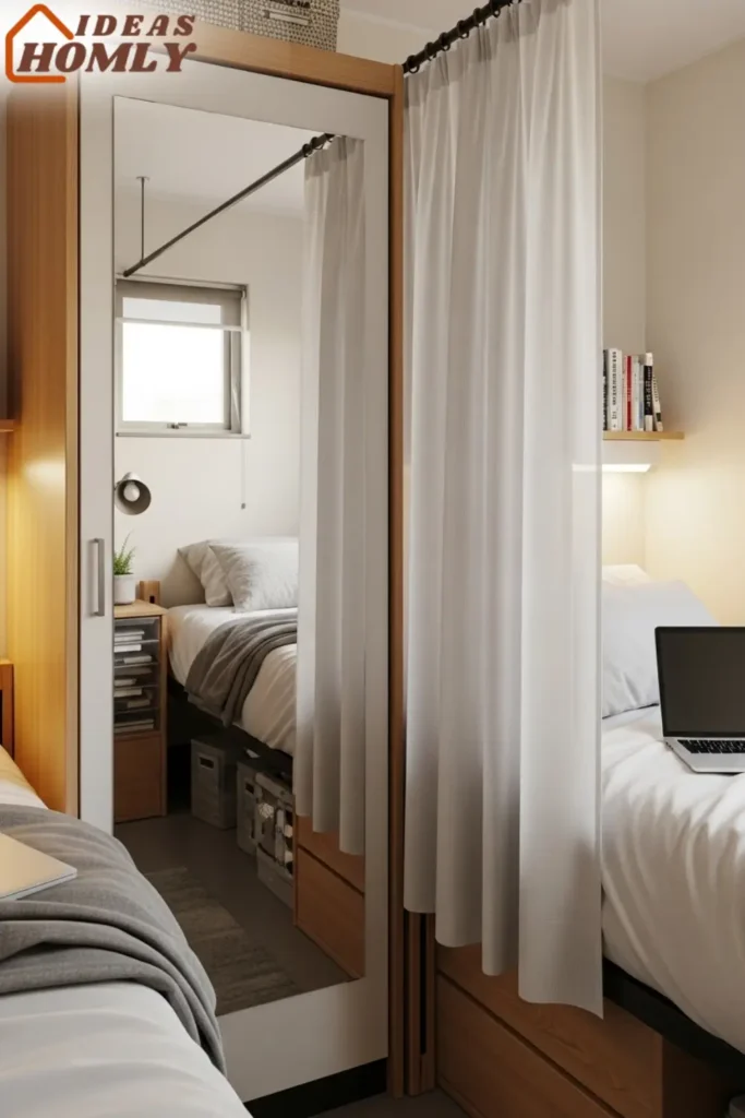 Dorm Room with Full-Length Mirror and Privacy Curtain Divider