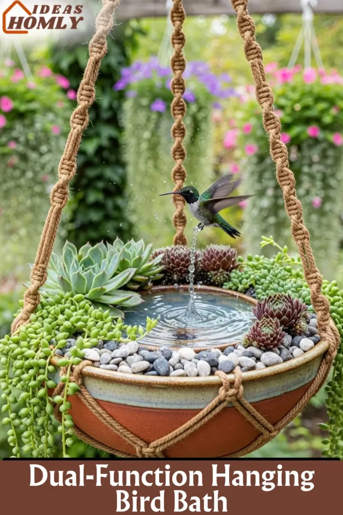Dual-Function Hanging Bird Bath with Succulent Ring Design