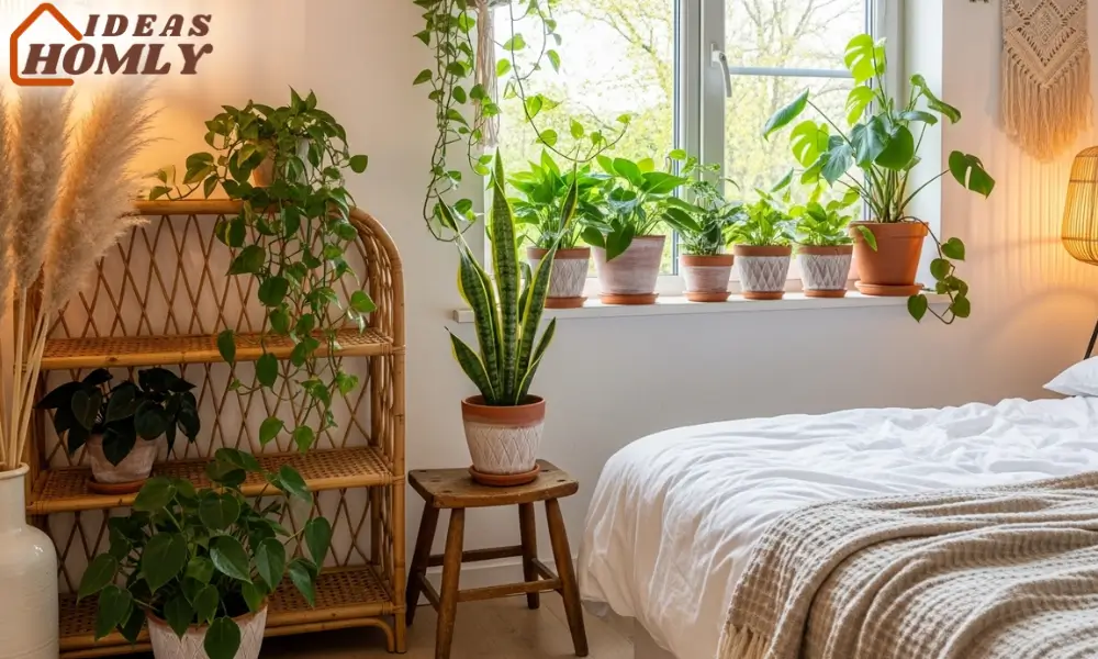 Earthy Boho Bedroom with Indoor Plants and Natural Accents
