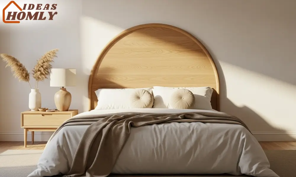 Elegant Arched Wooden Headboard in a Japandi-Inspired Bedroom